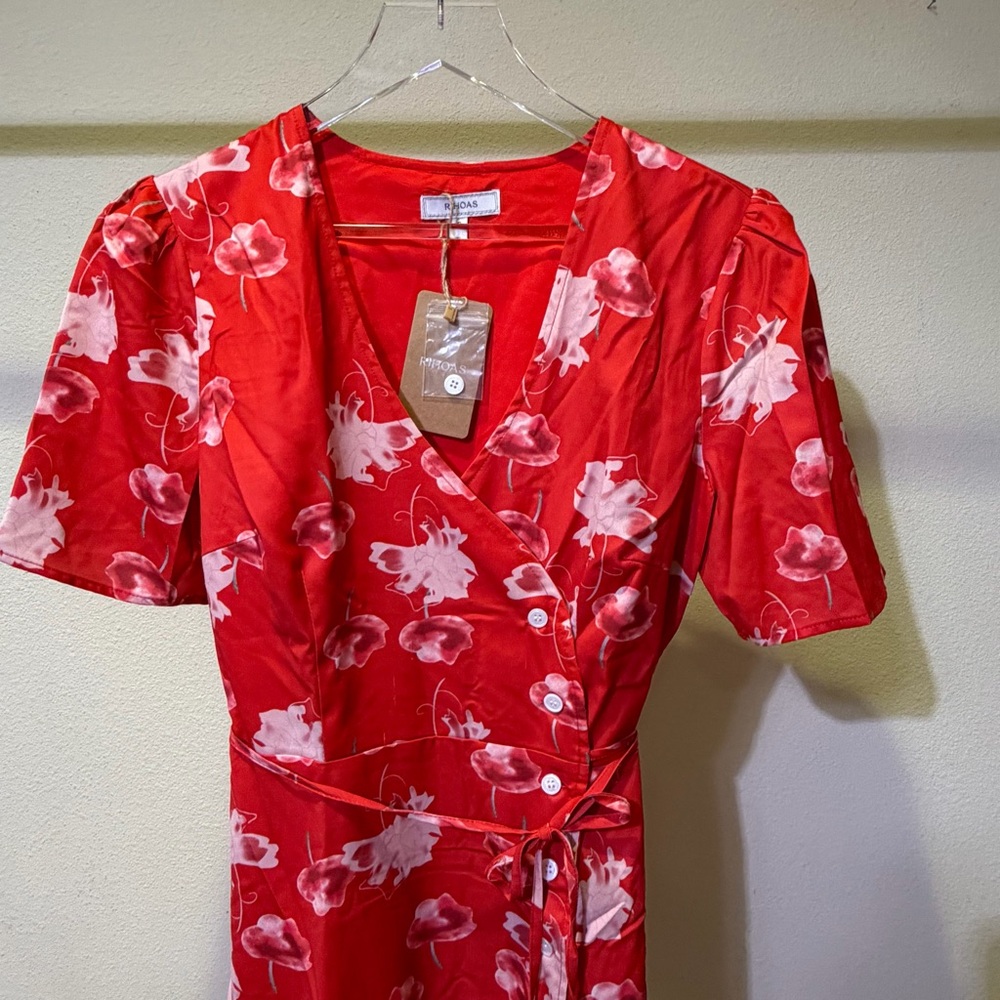 RIHOAS Red Floral Wrap Mini Dress with Tie Waist - Picture 2 of 4